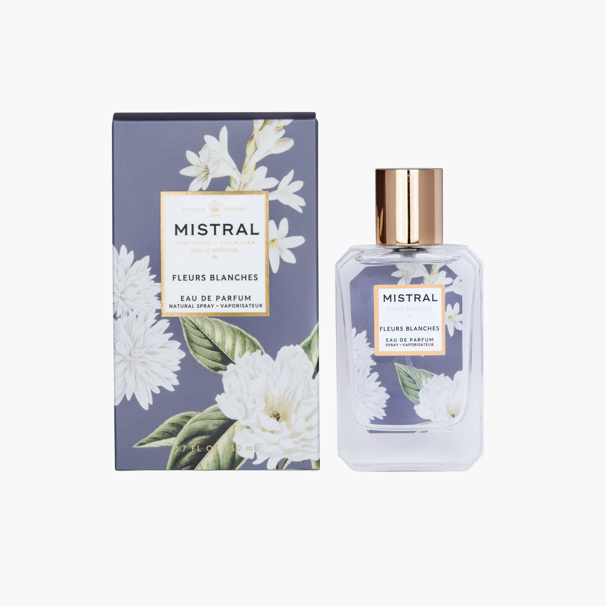 Eau de parfum Fleurs Blanches 50 ml Mistral vaporisateur femme tendance 1.7 oz longue tenue 