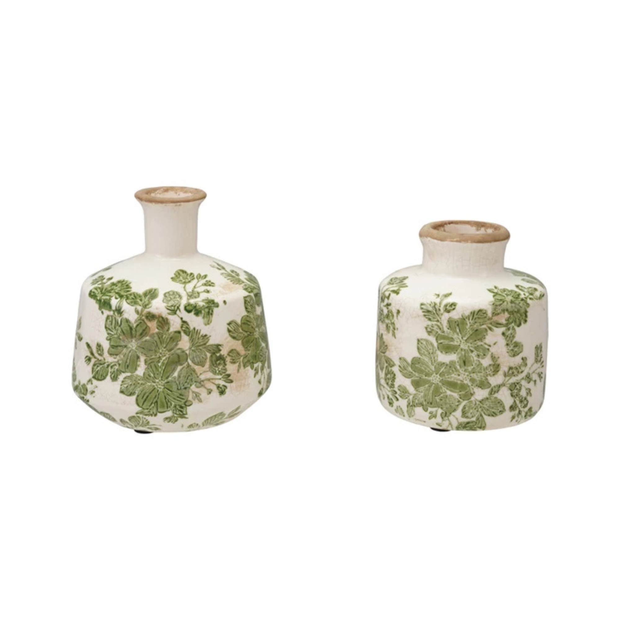 Petit vase en céramique blanc et vert – Motif botanique | Creative Co-Op