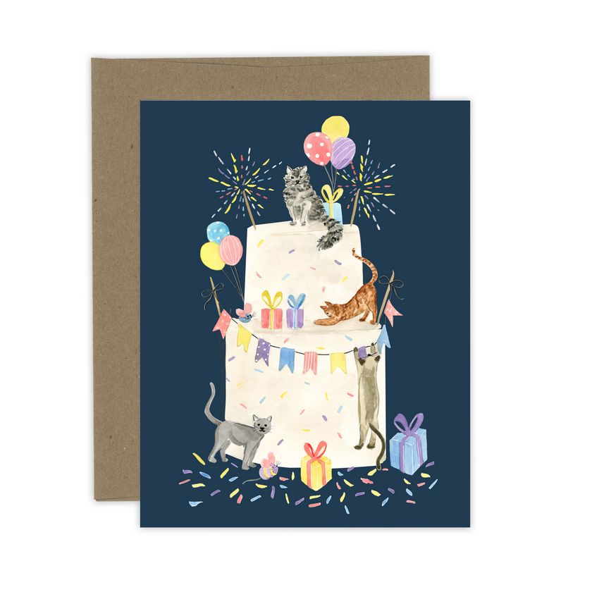Carte de souhaits - Chats et gâteau d’anniversaire | Almeida Illustrations