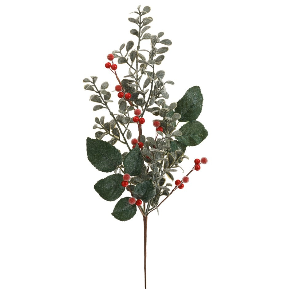Noël, branche eucalyptus et baies givrés rouges, artificielle, décoration, ADV