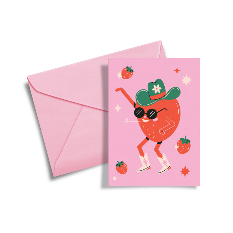 carte souhait fraise cowboy rose club pastel fête 