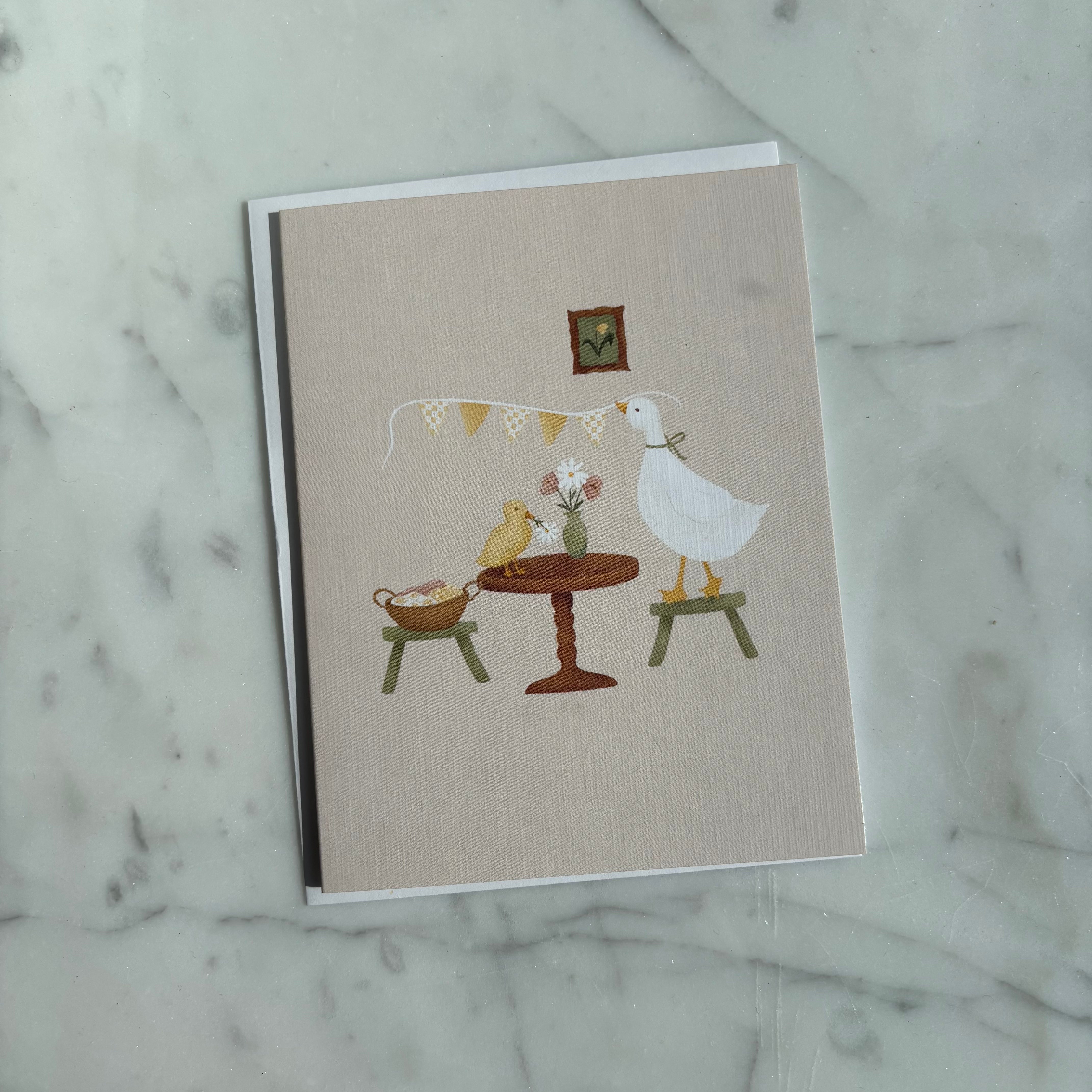 Carte, oie, fleurs, rose, blanc, jaune, vert, Sarah la lune, Montréal, canada
