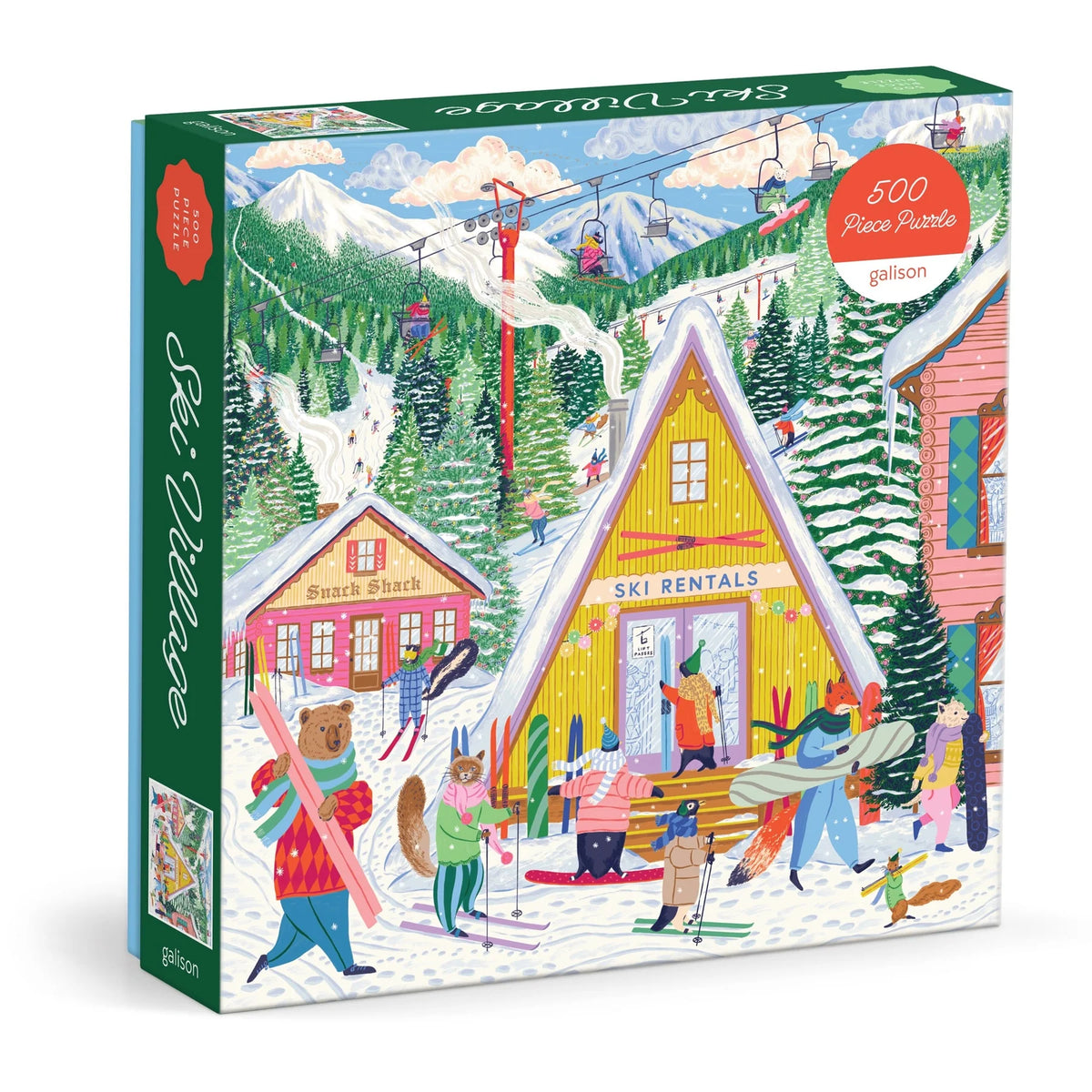 Casse-tête Ski Village Galison Noël hiver sport animaux cute maisons 