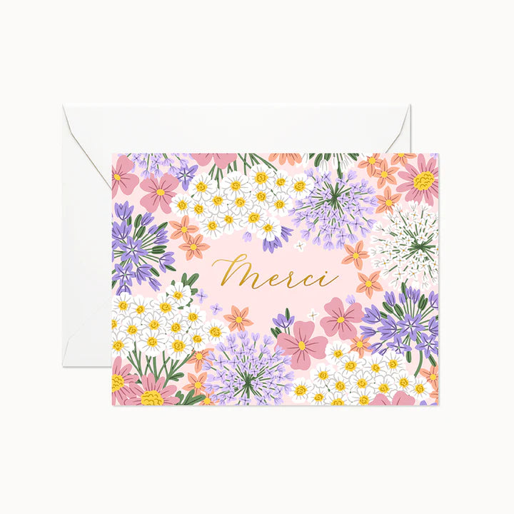 Carte de souhait merci fleur rose mauve bleu pastel