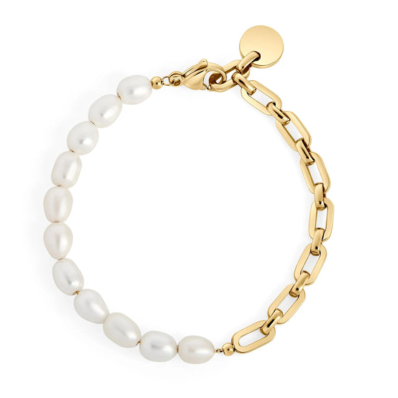 Bracelet moitié vraies perles d’eau douces et moitié acier inoxydable de Mia en couleur dorée 
