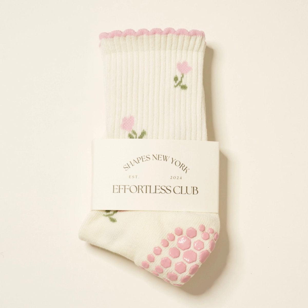 Effortless club New York Chaussette antidérapant pilates yoga blanc fleur rose cute 