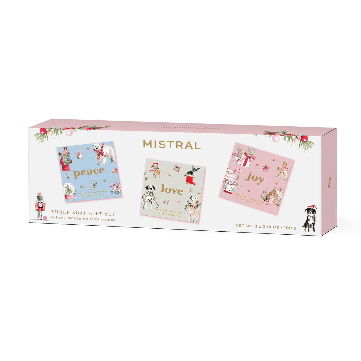 Coffret de 3 savons parfumés Mistral - Peace, Love & Joy | Éditions de Noël