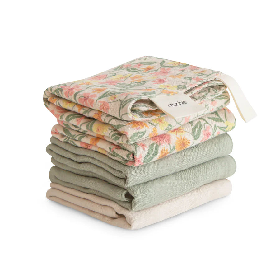 5 Débarbouillettes coton mousseline enfant prairie vert beige rose jaune 