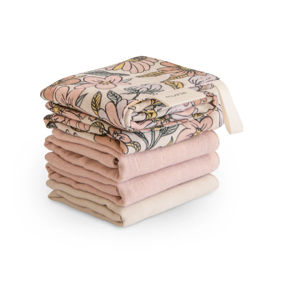 5 Débarbouillettes coton mousseline enfant fleurs rose beige blanc 