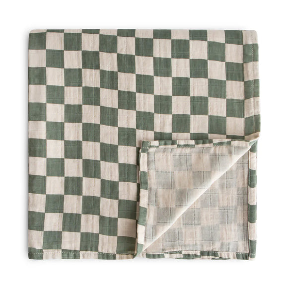 Couverture coton mousseline enfant beige vert carreaux