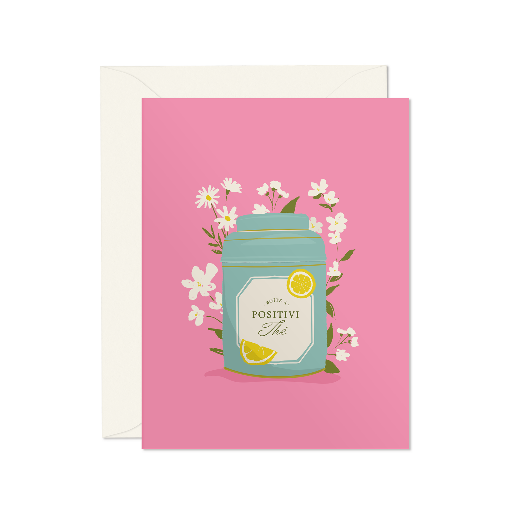 Carte de souhaits positivithe mimosa design rose pot de thé fleur 