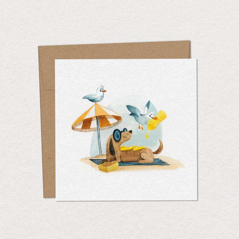 Carte de souhait Chien Hot Dog Moutarde Mimosa cute été 