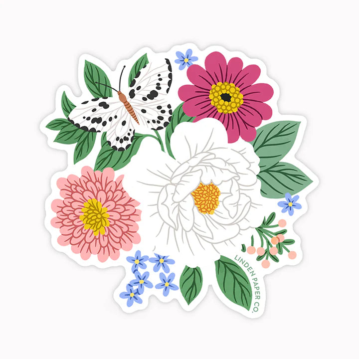 Autocollant transparent fleurs bouquet blanc rose feuilles papillon 