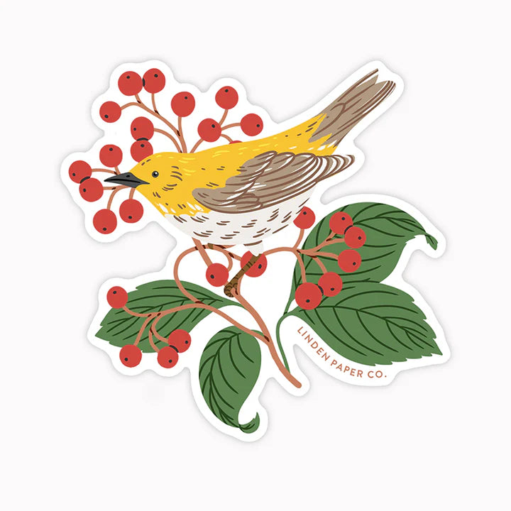 Autocollant transparent oiseau paruline et baies feuilles