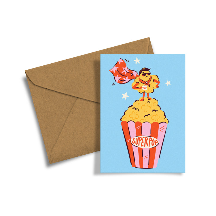 Carte de souhaits super pop fête des pères papa bleu popcorn 