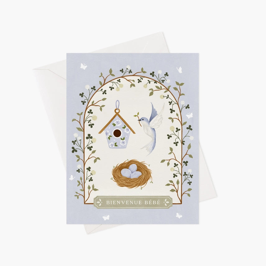 Carte de souhaits bienvenue bébé mimosa design bleu pâle oiseau œuf 