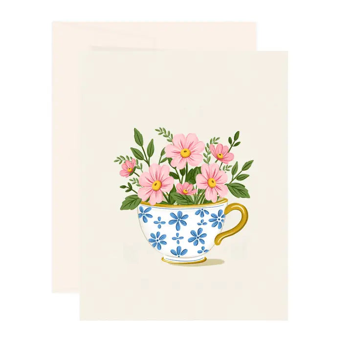 Carte souhait tasse bleu or fleur rose Paige & Willow 