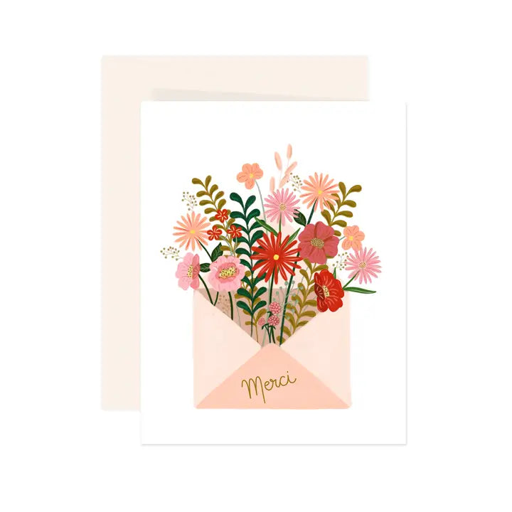 Carte de souhait enveloppe fleurie rose merci