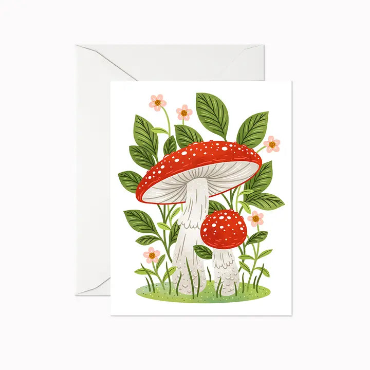Carte de souhait champignon rouge fleur rose 