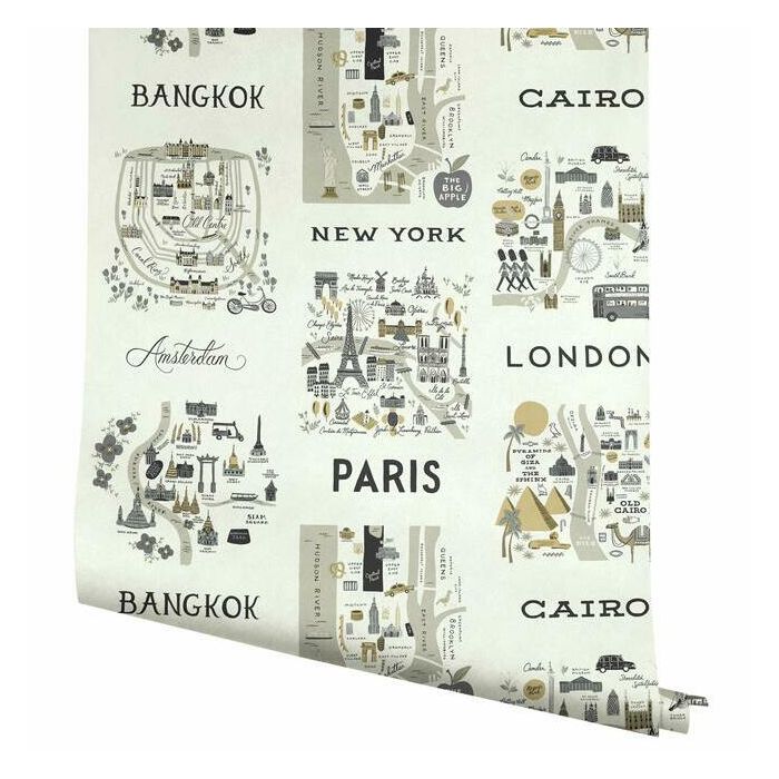 papier peint Rifle Paper carte du monde gris 